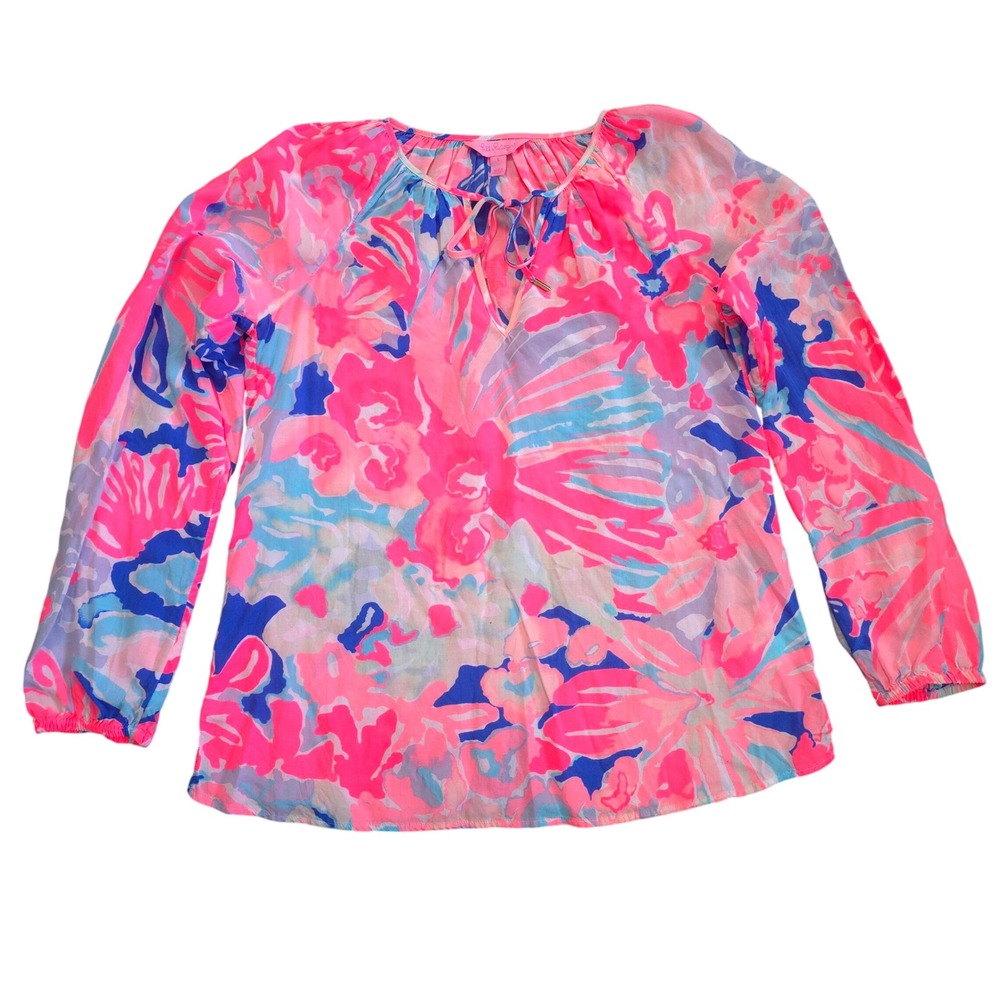 Lilly Pulitzer Elsa Silk Chiffon Top Pink Blue Floral Long Sleeve Blouse Small